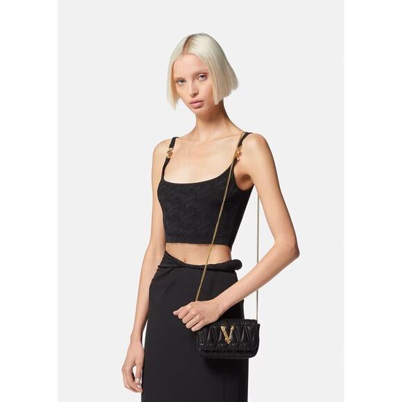 NWT Versace Virtus Mini Black Quilted Leather Crossbody Bag with Gold Chain - Picture 4 of 15